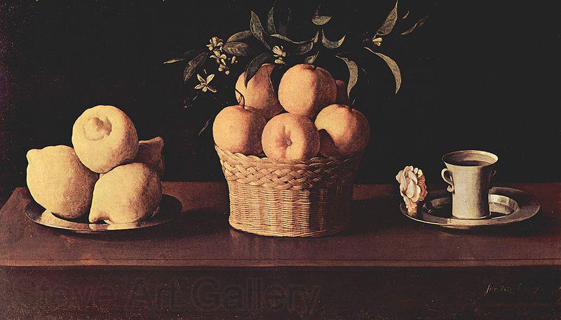Francisco de Zurbaran Teller mit Zitronen, Korb mit Orangen und Tasse mit Rose Spain oil painting art